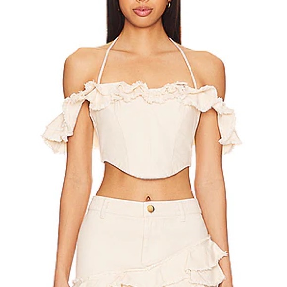 Tularosa Cream Ruffled Tie Front Crop Top